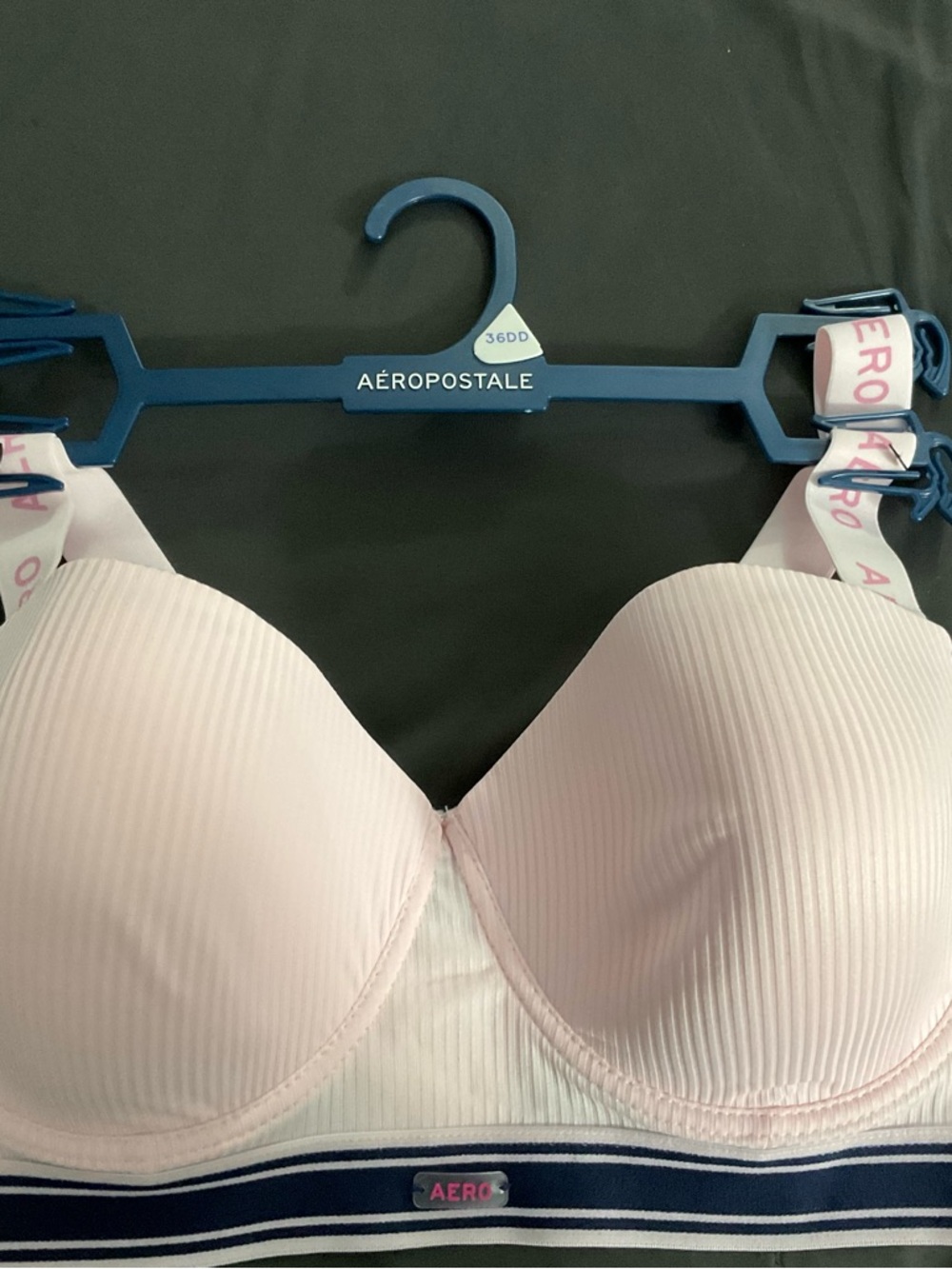 Aeropostale Light Pink Ribbed Molded Cup Bra with Navy Trim